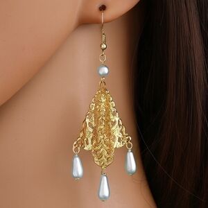 Gold Filigree Design Long Beads Drop Dangle Earrings Women Jewelry #2
